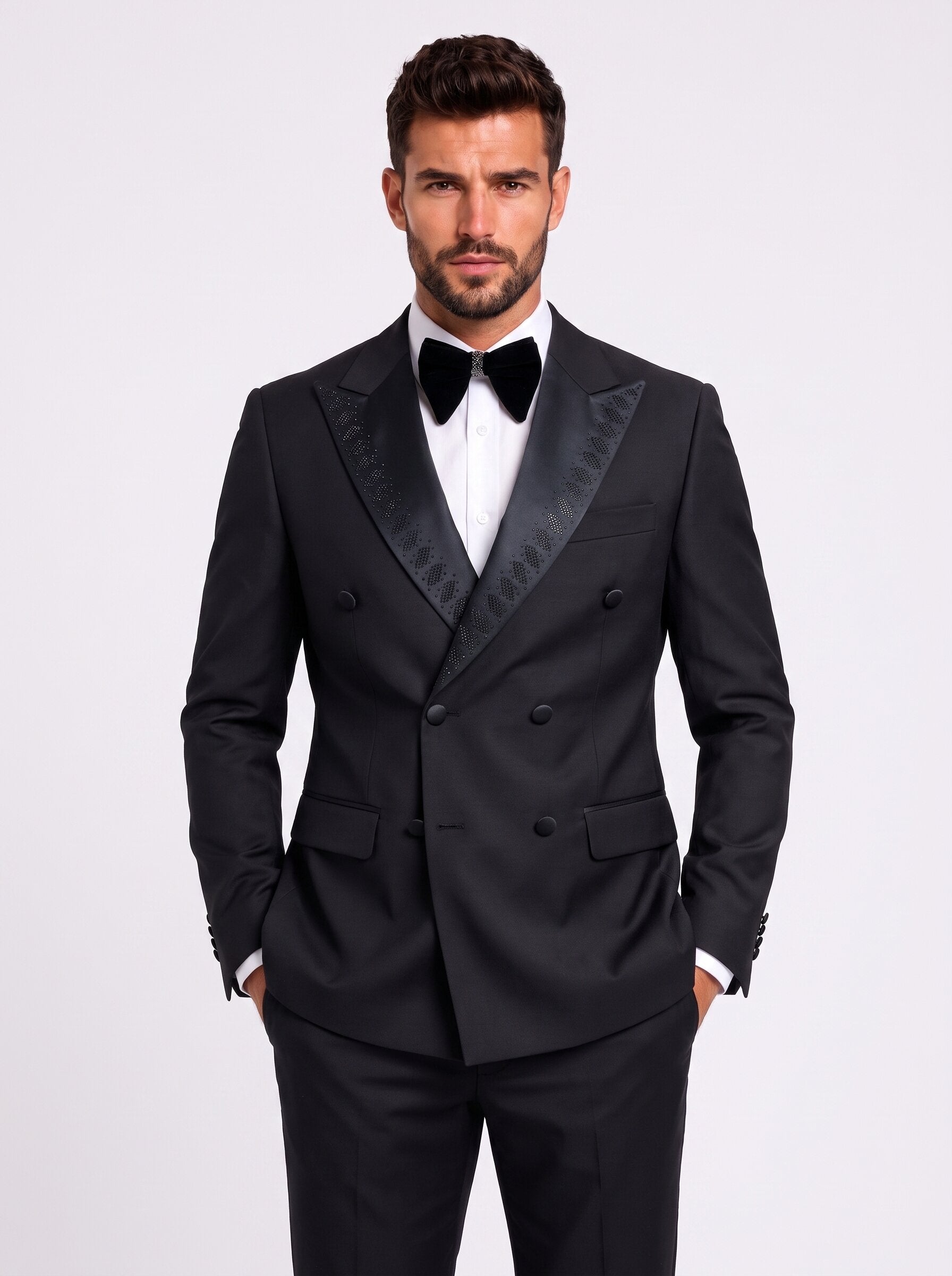 Men’s Double-Breasted Tuxedo With Beaded Peak Lapel