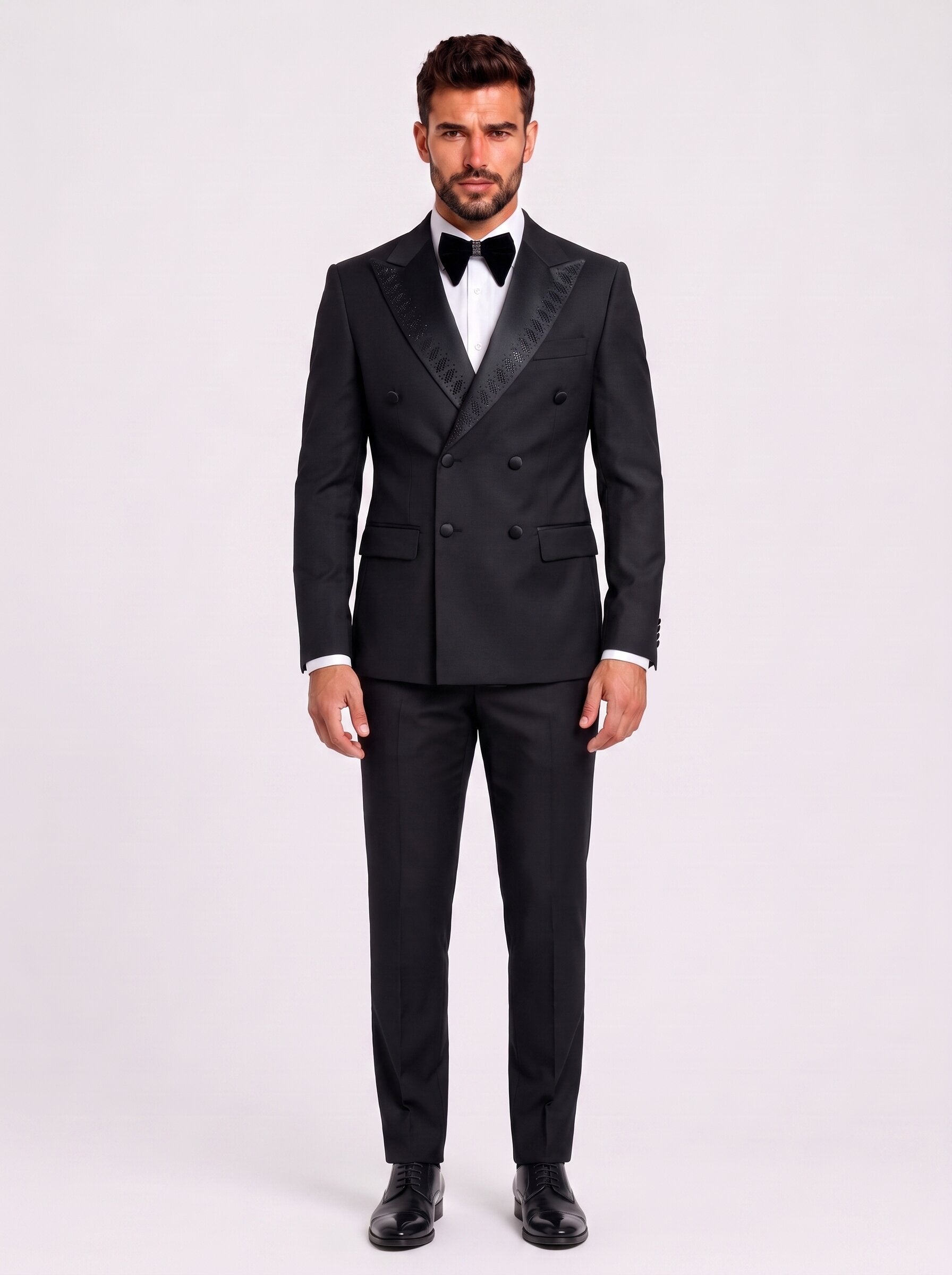 Men’s Double-Breasted Tuxedo With Beaded Peak Lapel