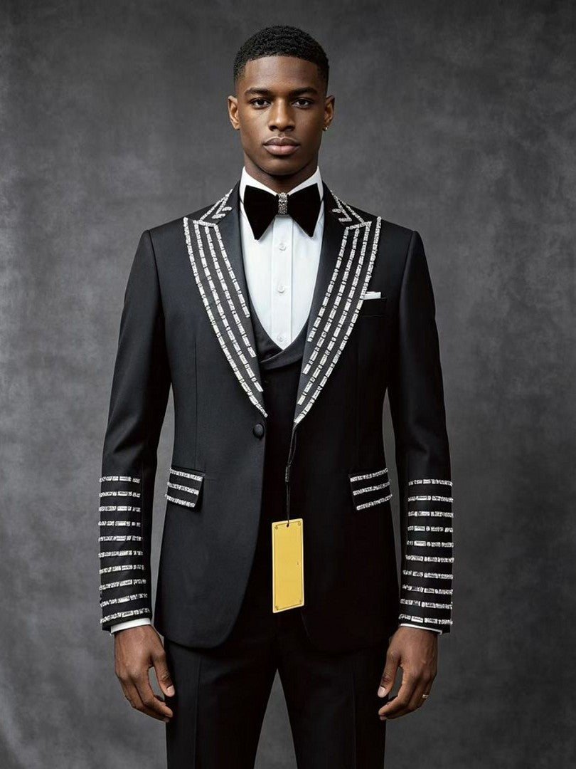 Men’s Black Rhinestone Peak Lapel 3 Piece Tuxedo
