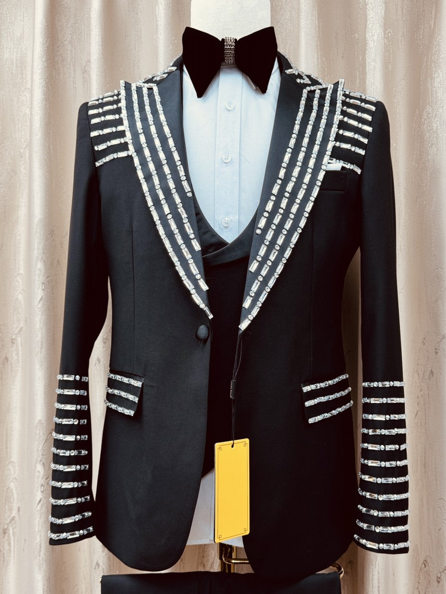 Men’s Black Rhinestone Peak Lapel 3 Piece Tuxedo
