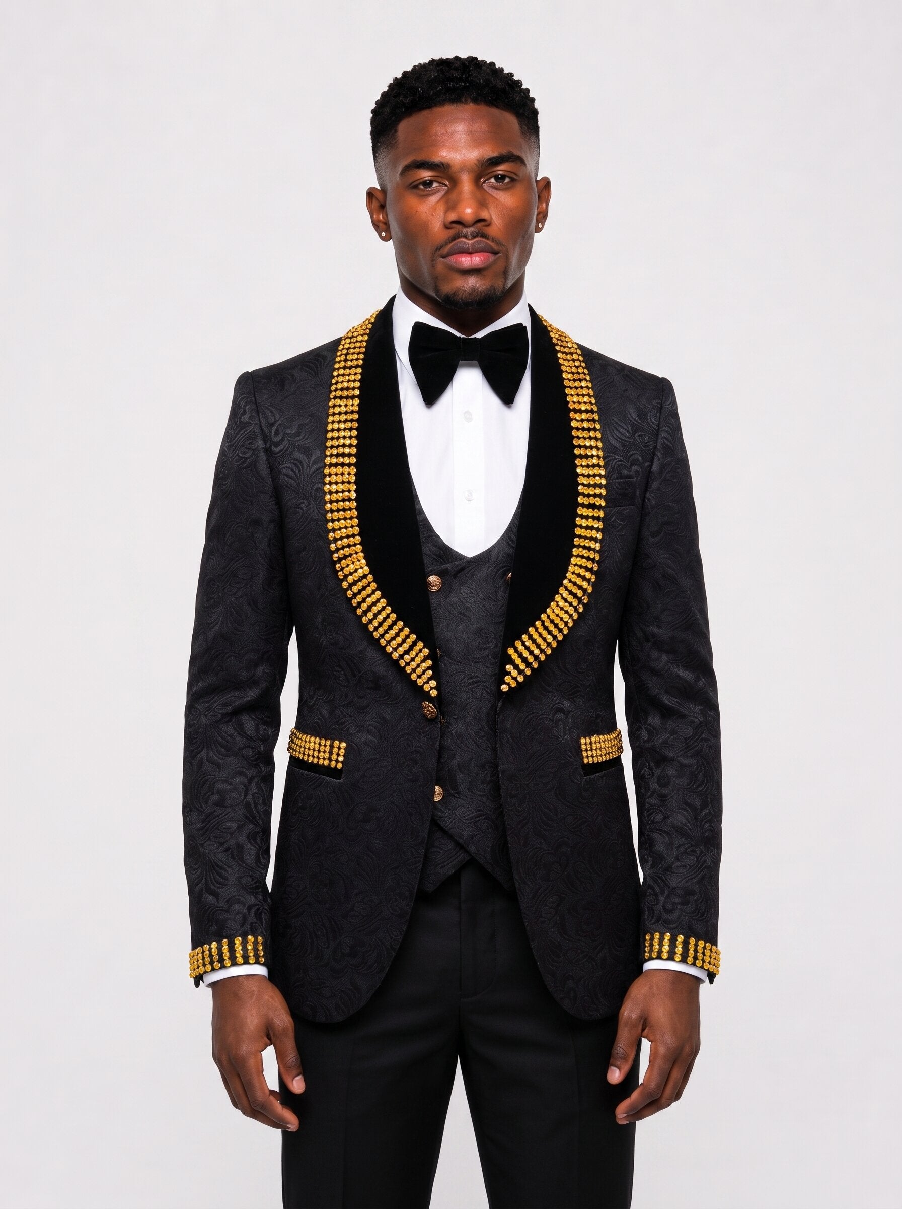 Men’s Black Suit with Gold Rhinestone 3-Piece Wedding Tuxedo