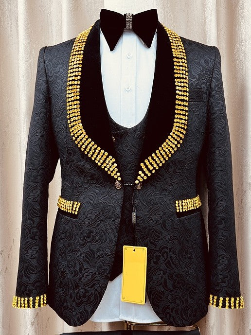Men’s Black Suit with Gold Rhinestone 3-Piece Wedding Tuxedo