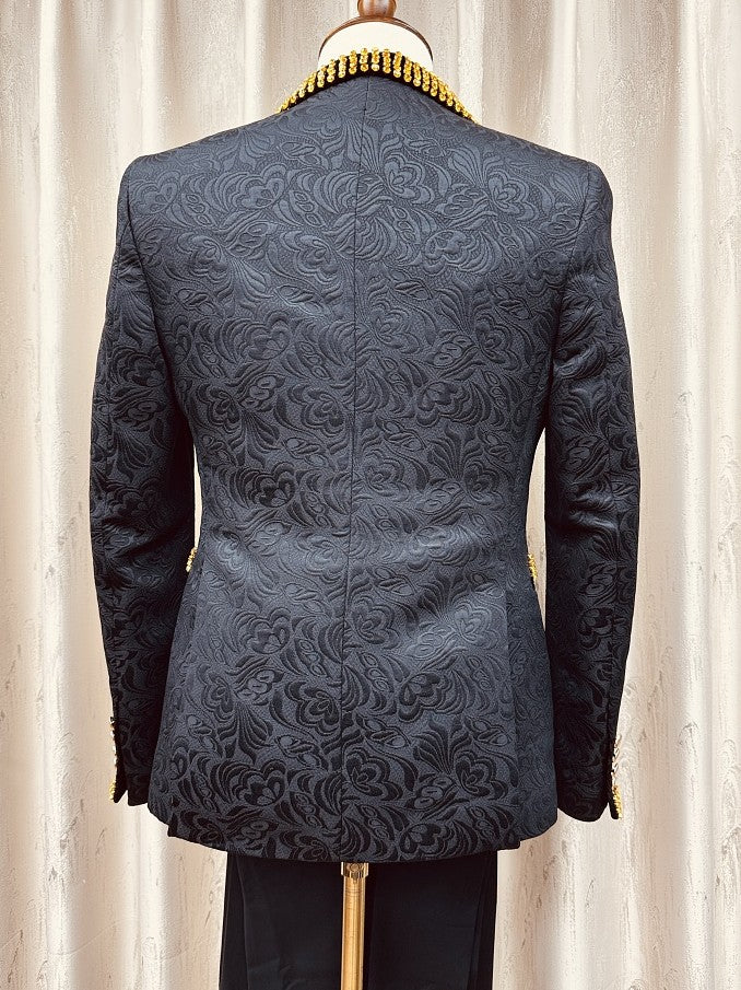 Men’s Black Suit with Gold Rhinestone 3-Piece Wedding Tuxedo