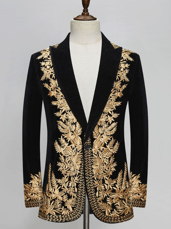 Men’s Black Velvet Blazer with Gold Floral Embroidery
