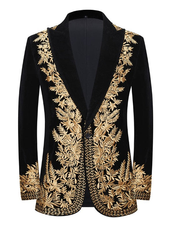 Men’s Black Velvet Blazer with Gold Floral Embroidery