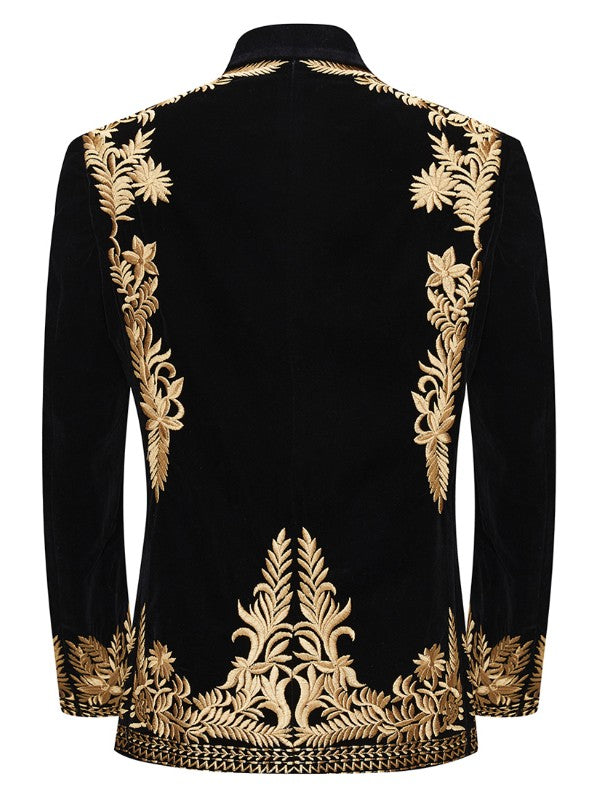 Men’s Black Velvet Blazer with Gold Floral Embroidery