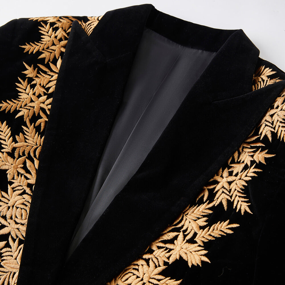Men’s Black Velvet Blazer with Gold Floral Embroidery