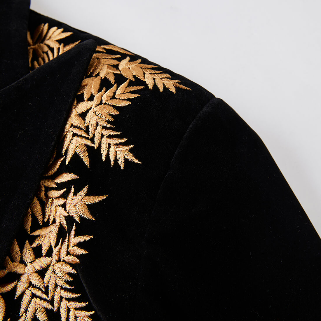 Men’s Black Velvet Blazer with Gold Floral Embroidery