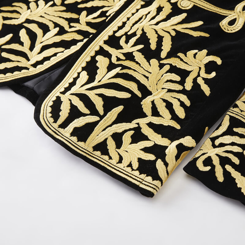 Men’s Black Velvet Blazer with Yellow Gold Leaf Embroidery