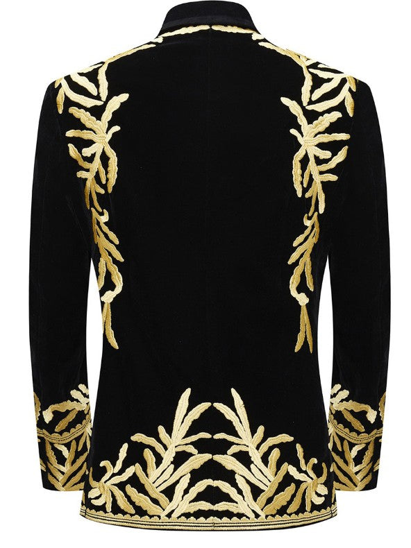 Men’s Black Velvet Blazer with Yellow Gold Leaf Embroidery