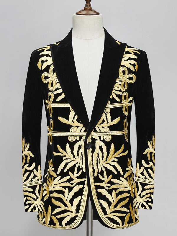 Men’s Black Velvet Blazer with Yellow Gold Leaf Embroidery