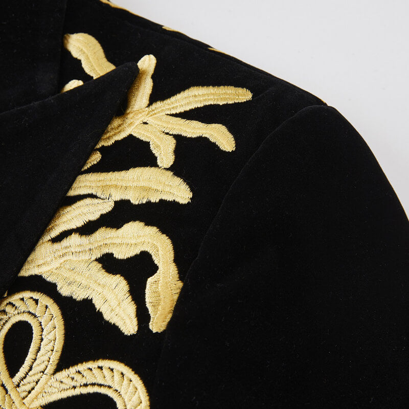 Men’s Black Velvet Blazer with Yellow Gold Leaf Embroidery