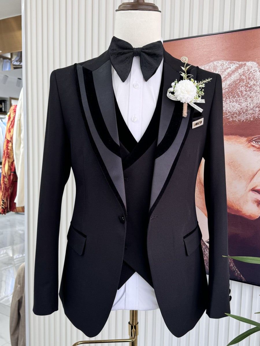 Men's Black Velvet Trim 3 Piece Tuxedo Suit