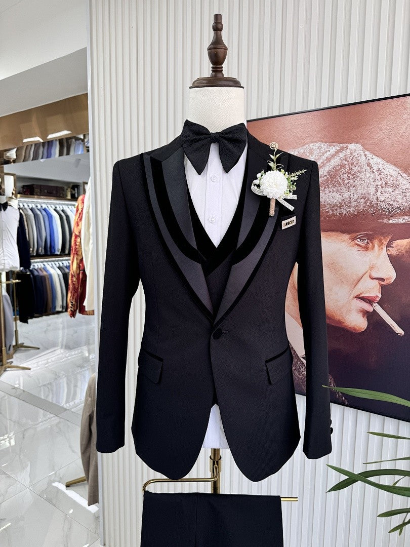 Men's Black Velvet Trim 3 Piece Tuxedo Suit