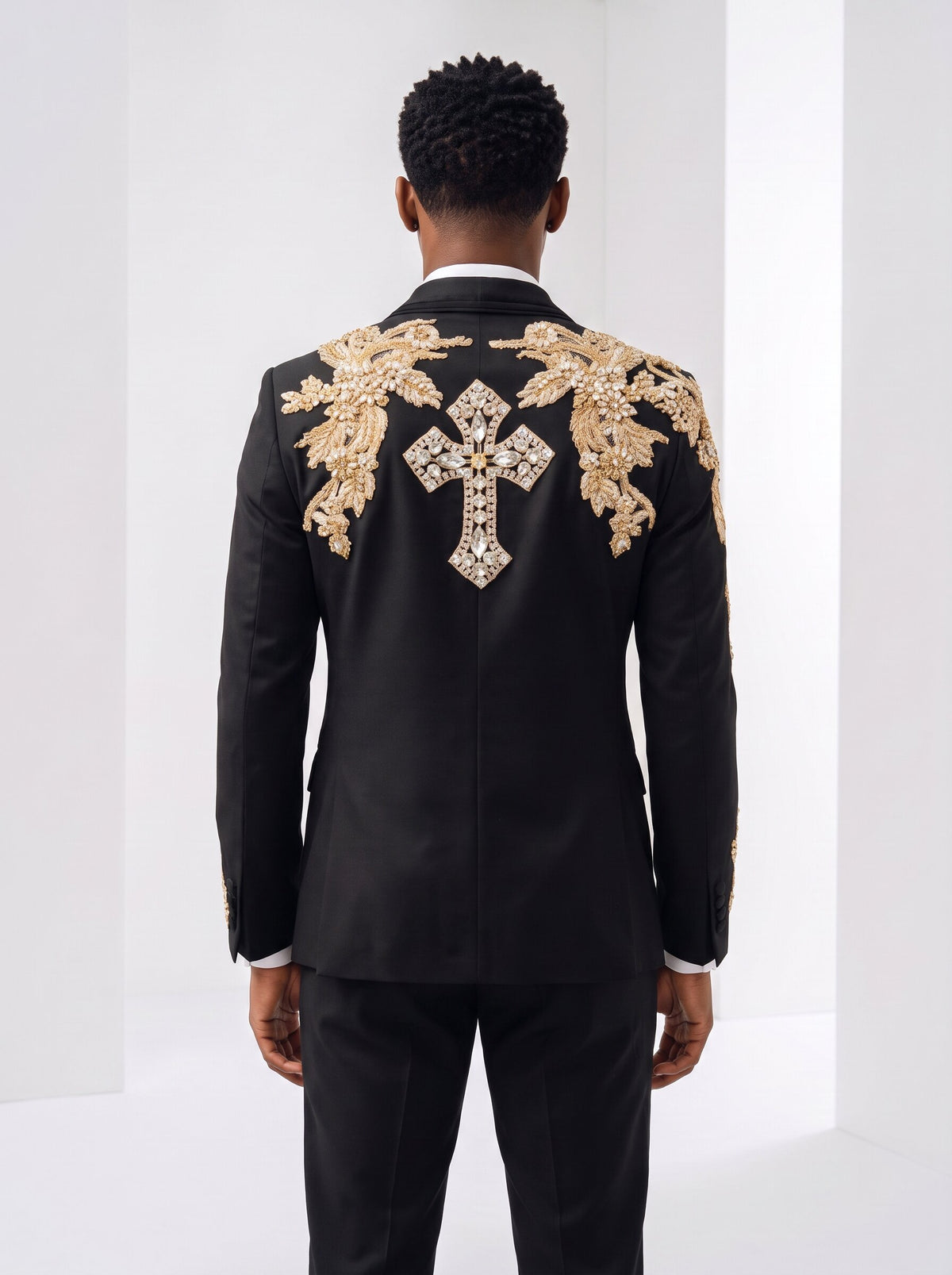 Men’s Black and Gold Rhinestone Embellished 3-Piece Tuxedo Suit