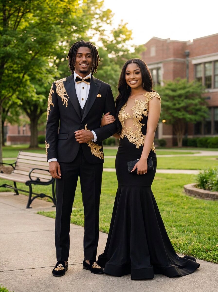 Men’s Black and Gold Rhinestone Embellished 3-Piece Tuxedo Suit