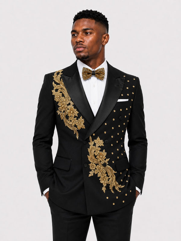 Men's Black and Gold Suit With Beads Rhinestone