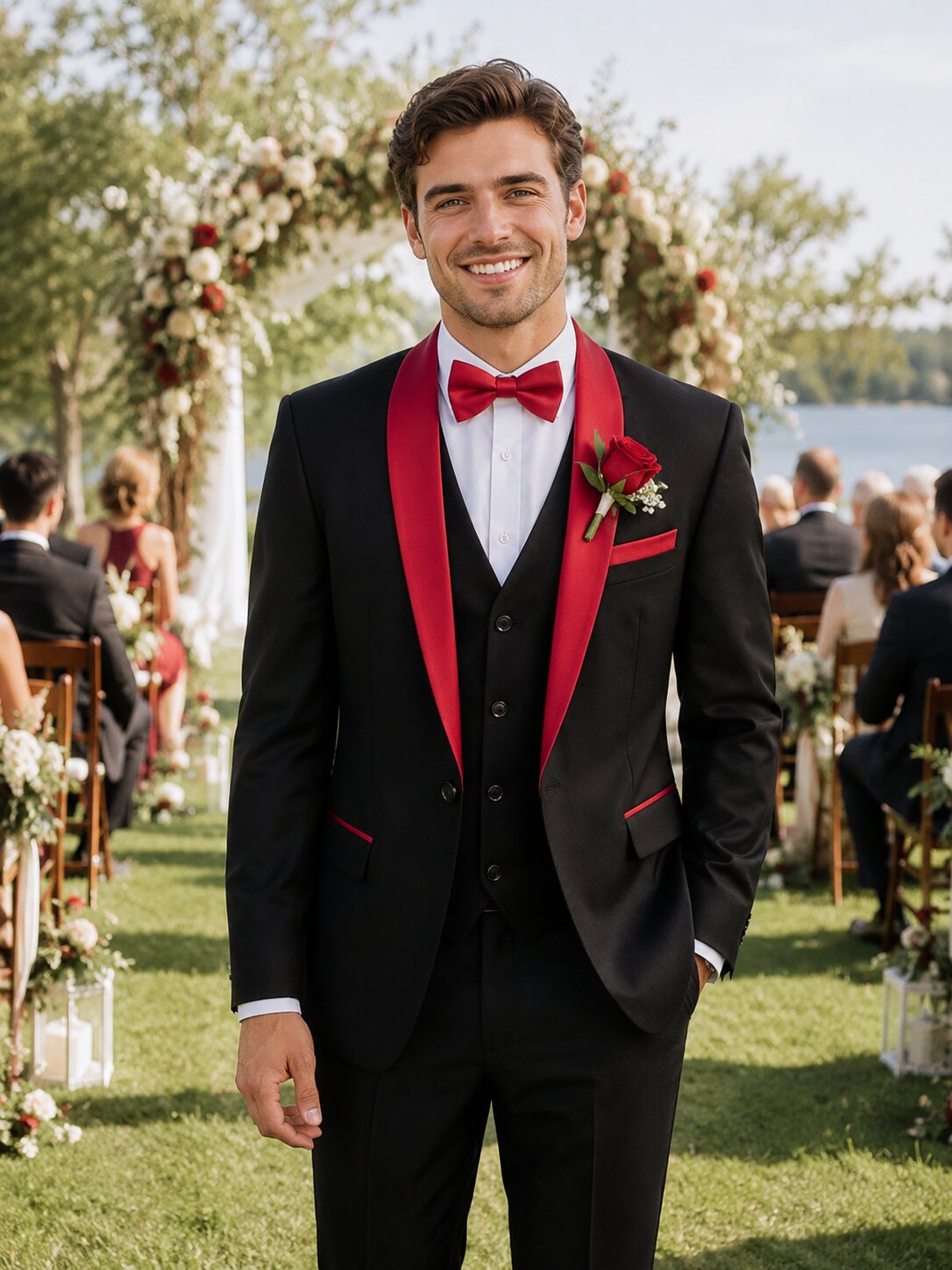 Men's Black and Red Shawl Lapel 3 Piece Tuxedo
