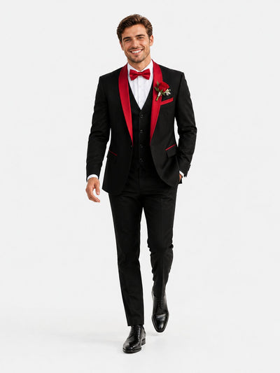 Black and Red Shawl Lapel 3 Piece Tuxedo