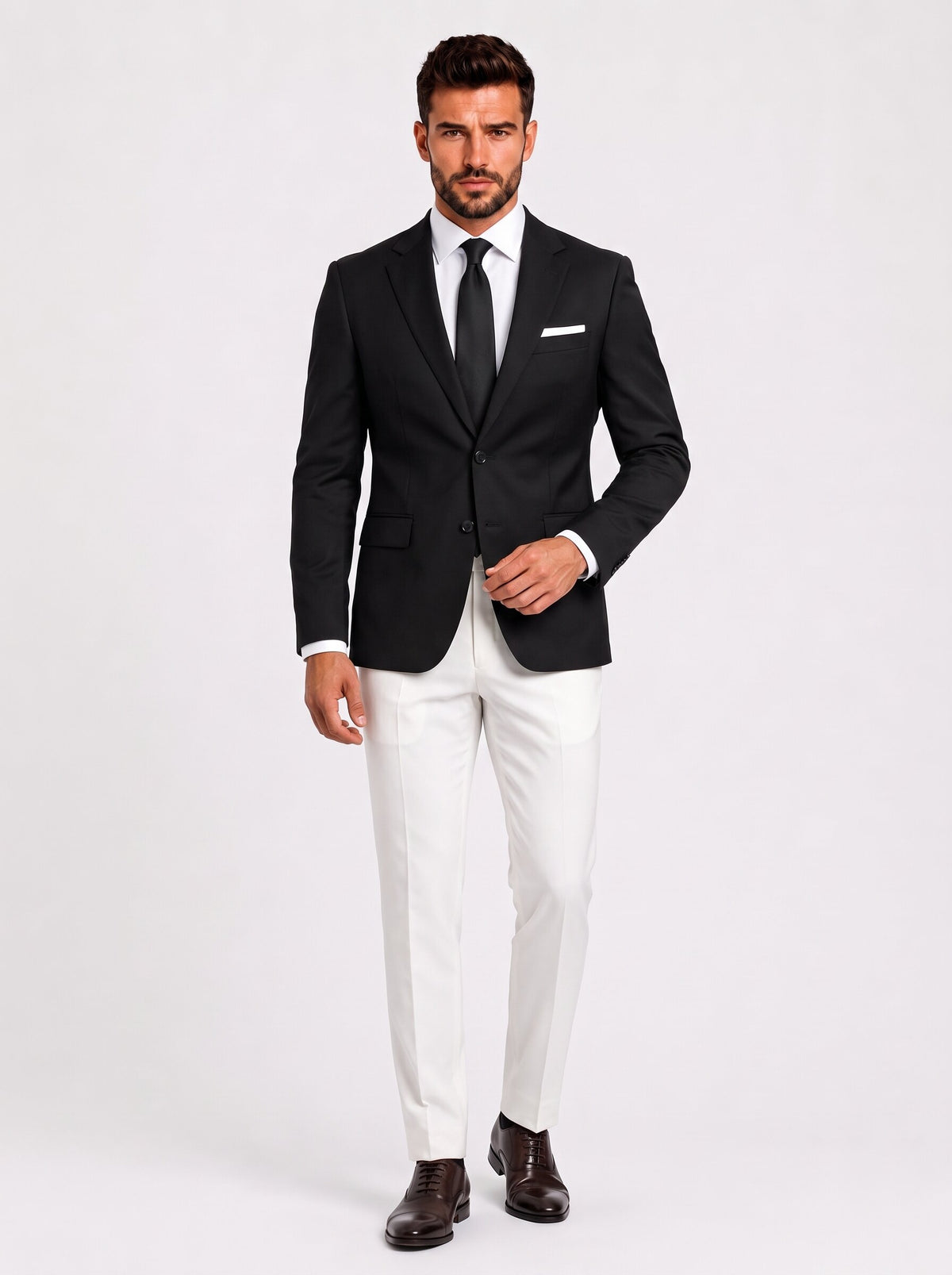 Men’s Black and White 2-Piece Suit with Notch Lapel Jacket