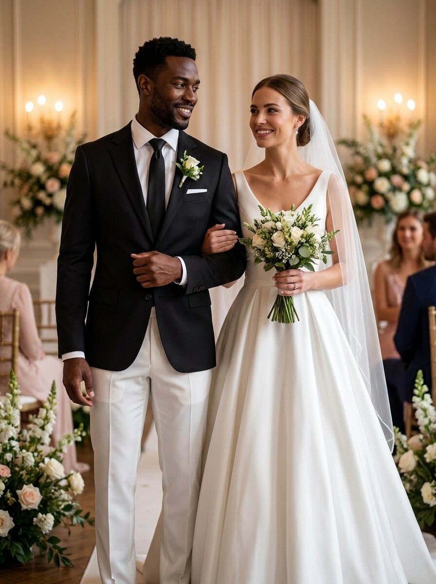 Men’s Black and White 2-Piece Suit with Notch Lapel Jacket