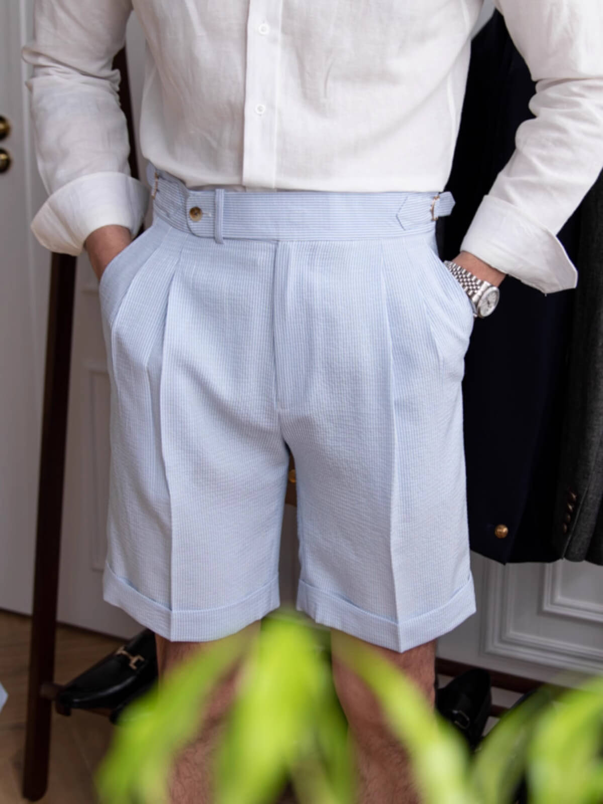 Men’s Blue Striped Seersucker Gurkha Dress Pants