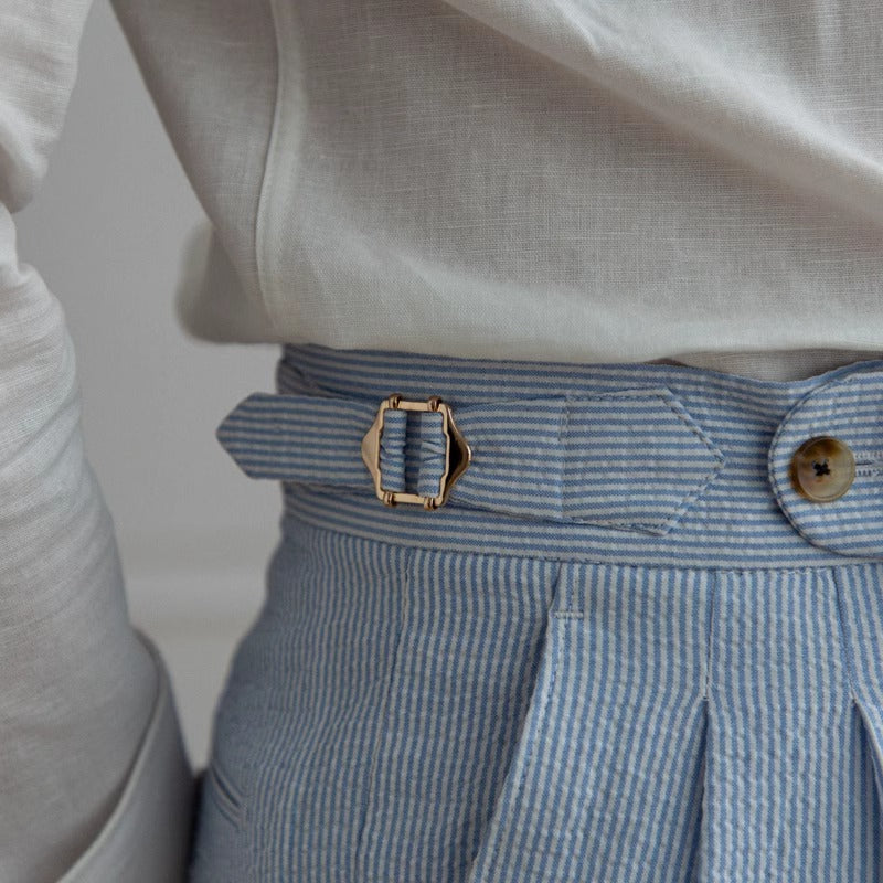 Men’s Blue Striped Seersucker High-Waisted Dress Pants