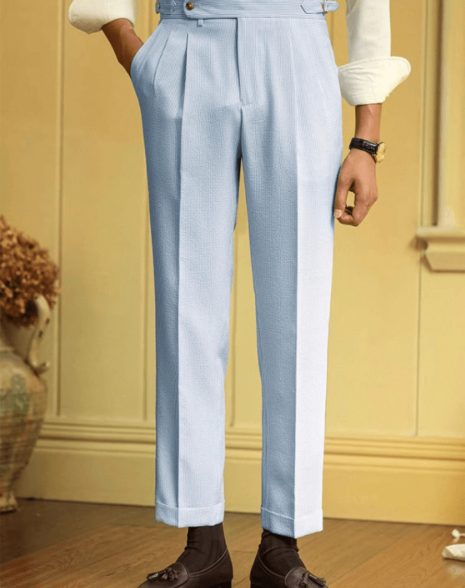 Men’s Blue Striped Seersucker High-Waisted Trousers