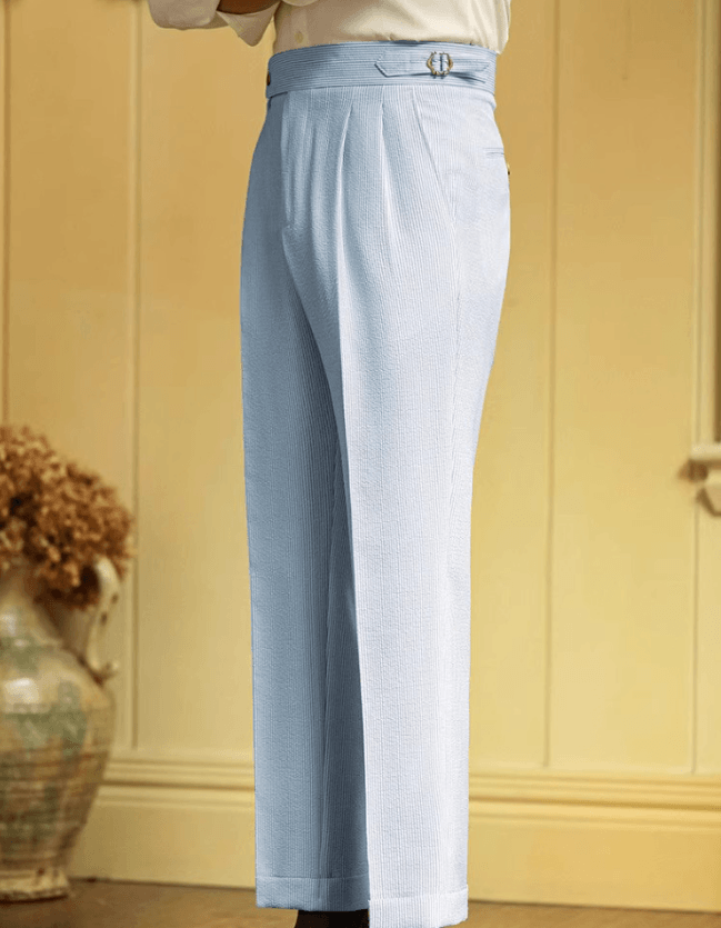Men’s Blue Striped Seersucker High-Waisted Trousers