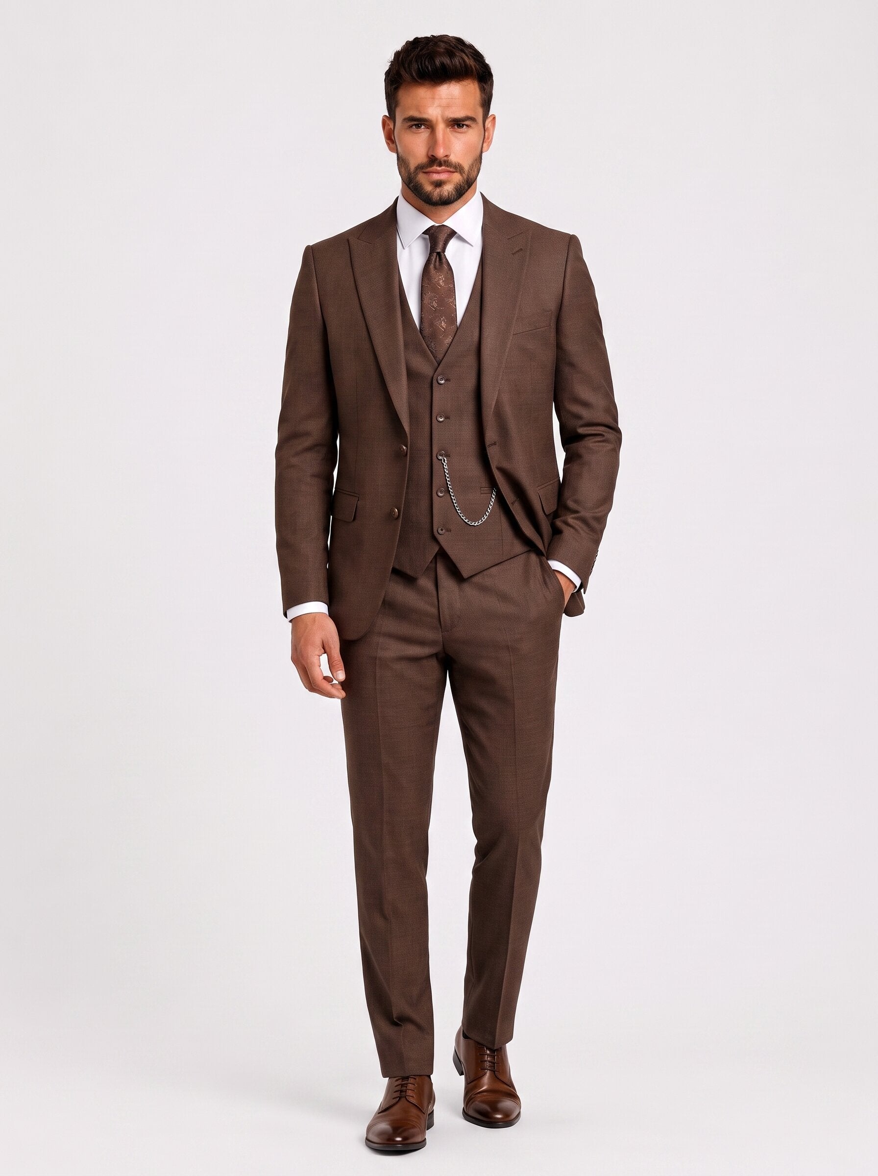 Men’s Brown 3 Piece Suit – Slim Fit Wedding and Business Formal Wear
