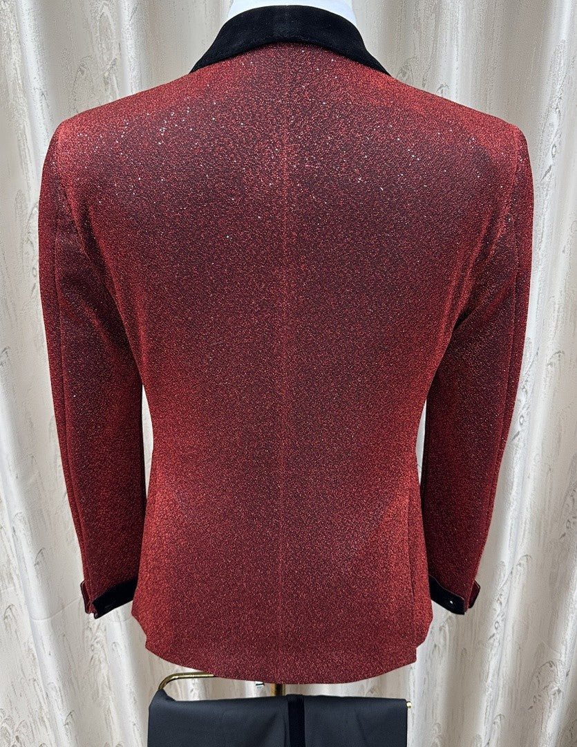 Men’s Burgundy Glitter Double-Breasted Tuxedo with Black Velvet Shawl Lapel