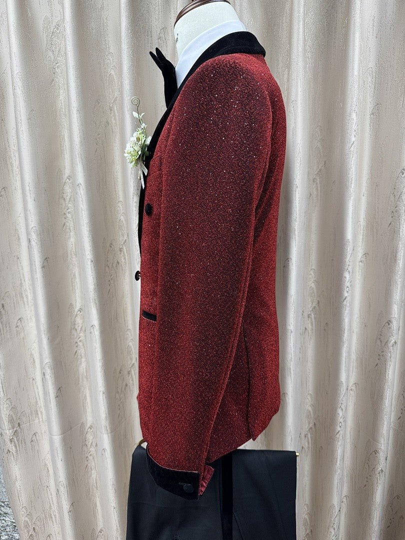 Men’s Burgundy Glitter Double-Breasted Tuxedo with Black Velvet Shawl Lapel