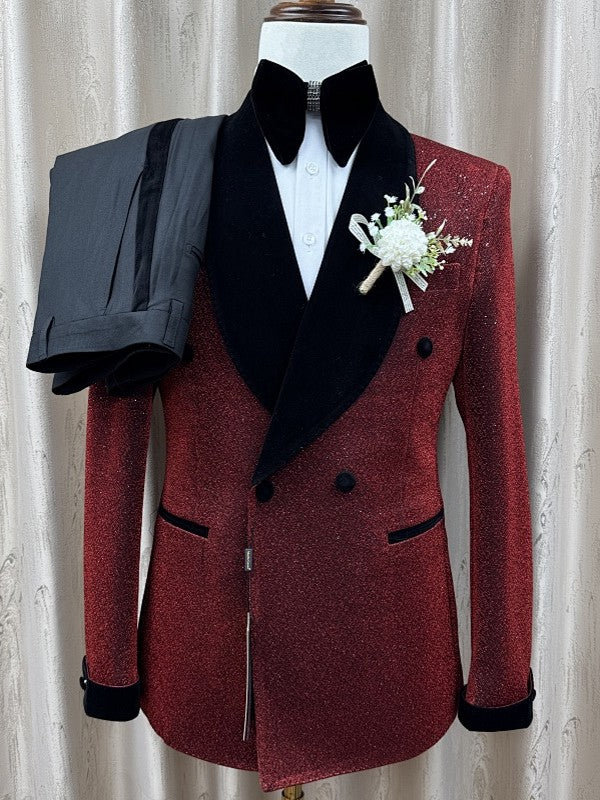 Men’s Burgundy Glitter Double-Breasted Tuxedo with Black Velvet Shawl Lapel