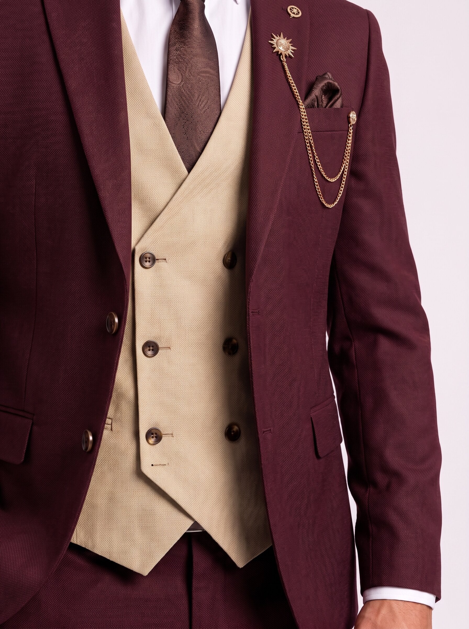 Men’s Burgundy and Champagne 3-Piece Wedding Suit