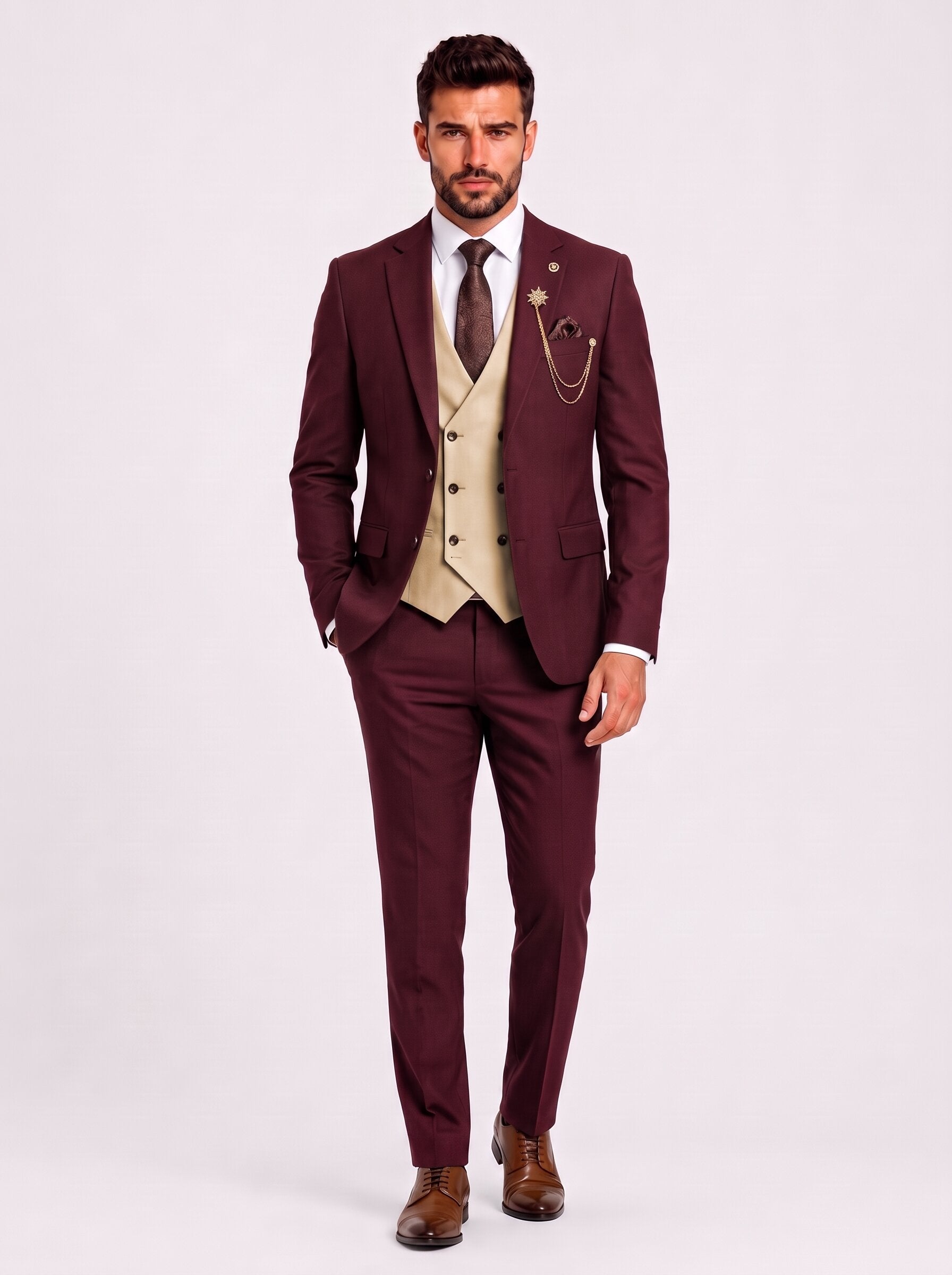 Men’s Burgundy and Champagne 3-Piece Wedding Suit
