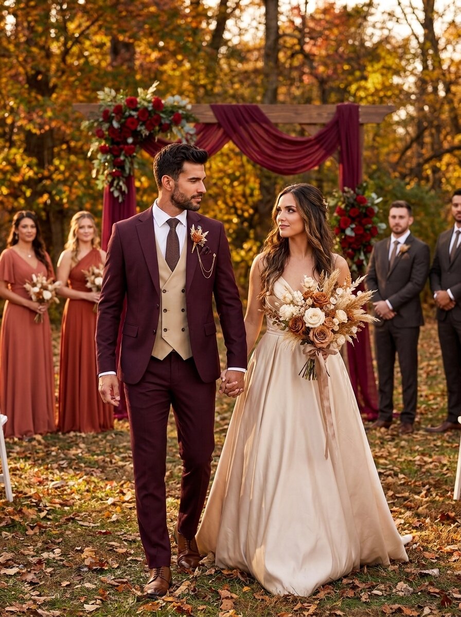 Men’s Burgundy and Champagne 3-Piece Wedding Suit