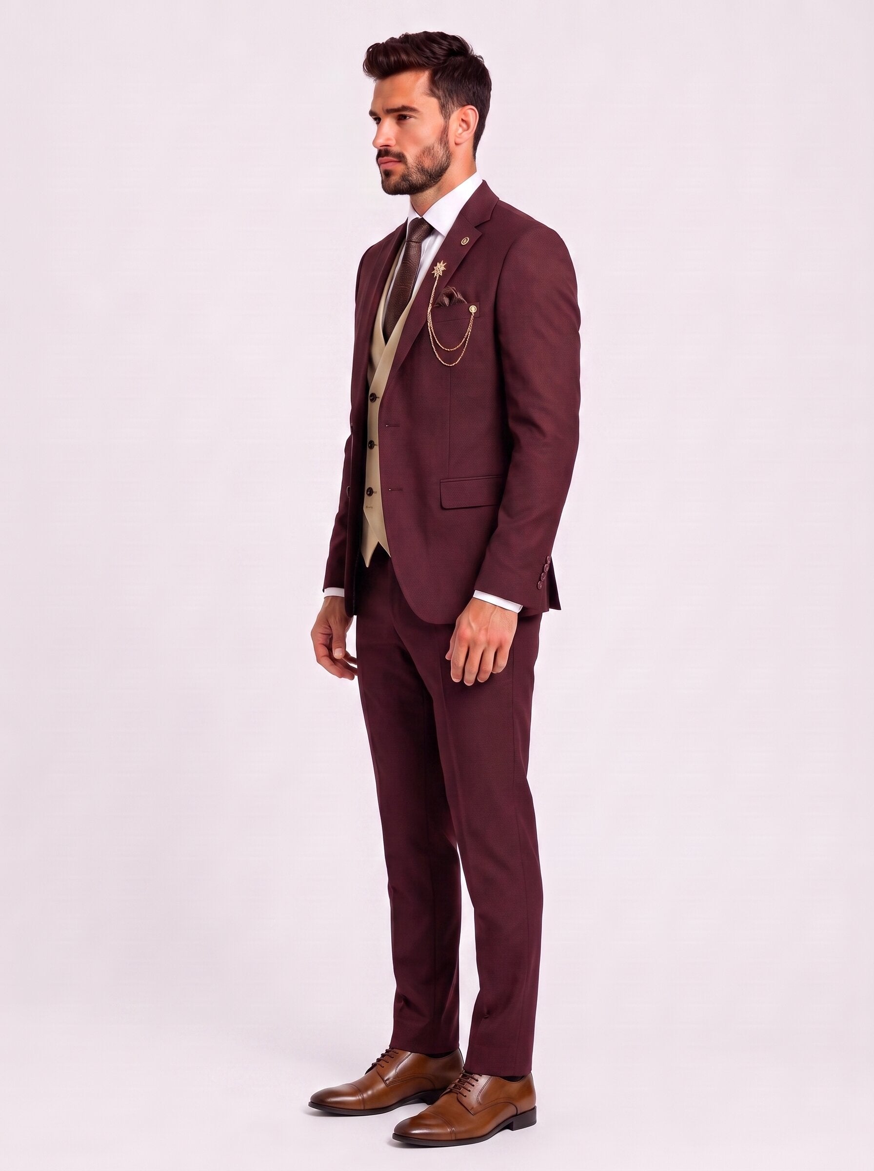 Men’s Burgundy and Champagne 3-Piece Wedding Suit