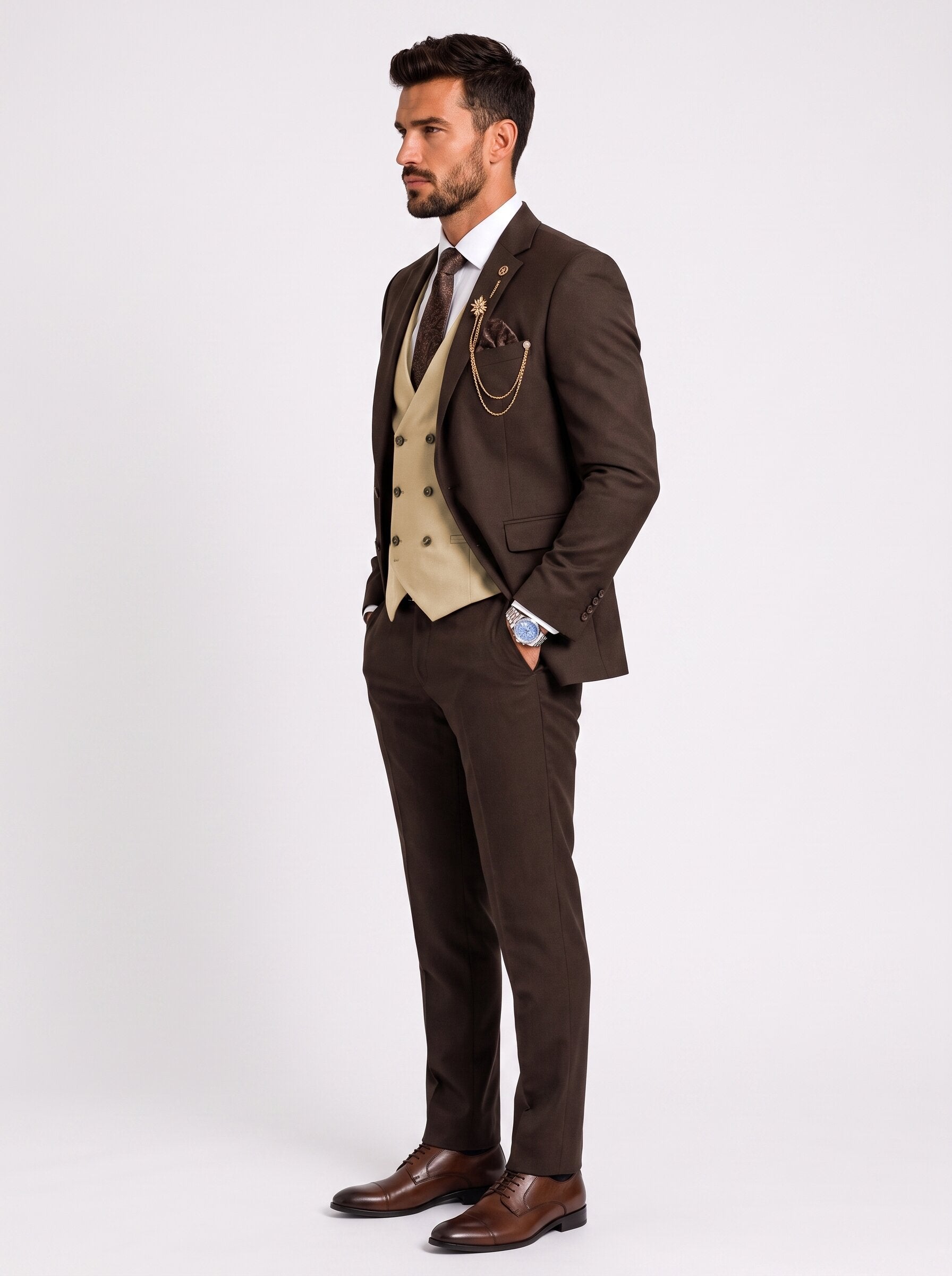 Men’s Chocolate Brown 3 Piece Suit with Champagne Vest