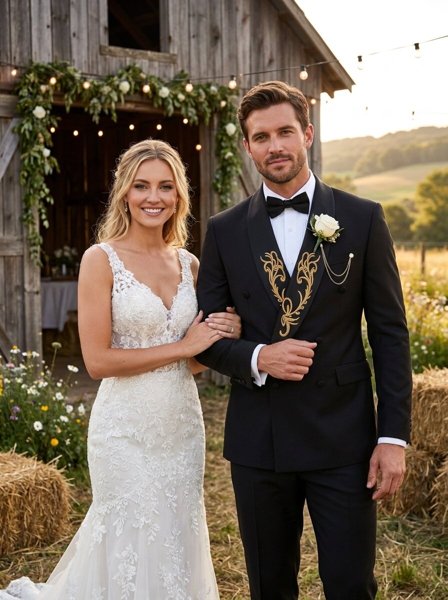 Men’s Embroidered Shawl Lapel Suit 2 Piece Double-Breasted Tuxedo