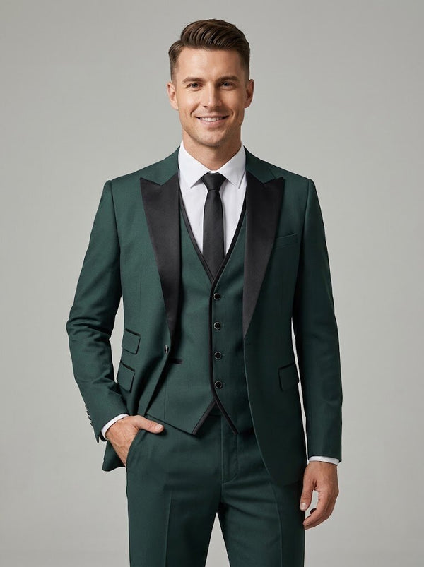 Men’s Green Tuxedo 3 Piece Black Lapel Formal Wedding Suit