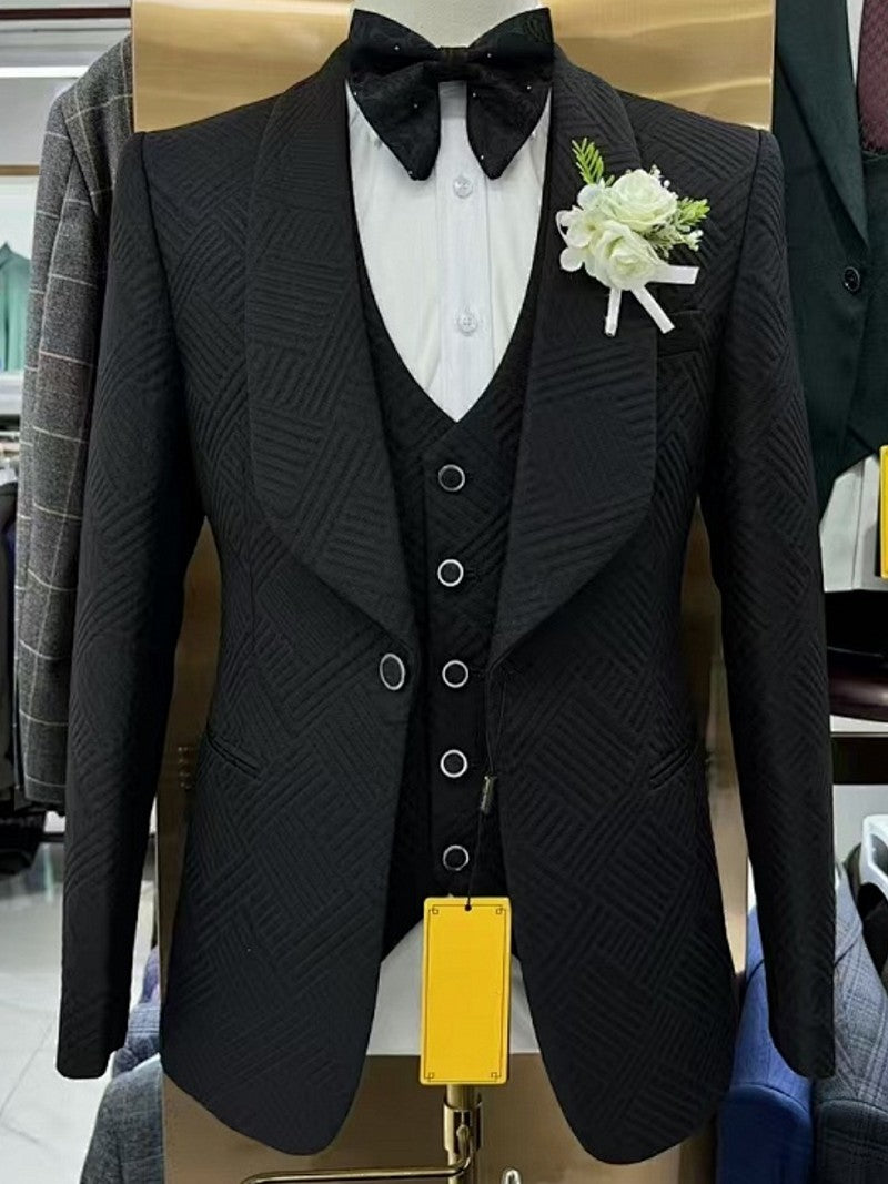 Men's Geometric Textured 3 Piece Tuxedo Suit