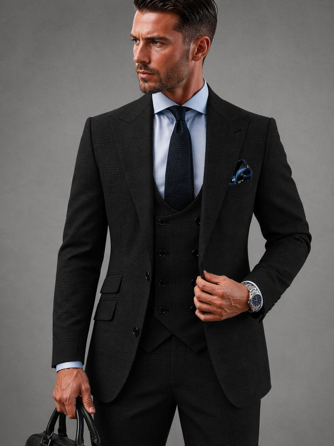 Men’s Glen Plaid Suit Slim Fit 3 Piece Tuxedos