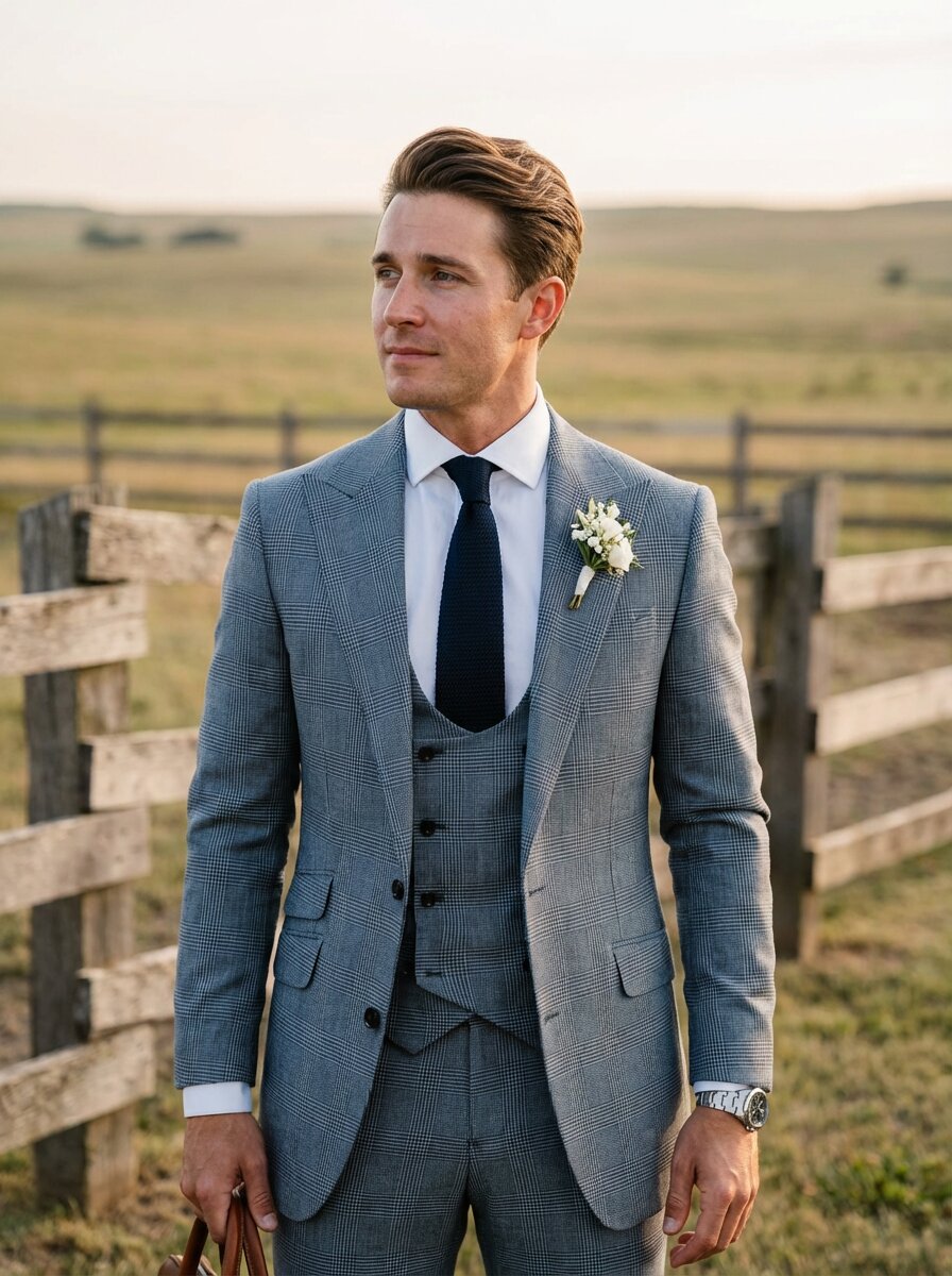 Men’s Glen Plaid Suit Slim Fit 3 Piece Tuxedos