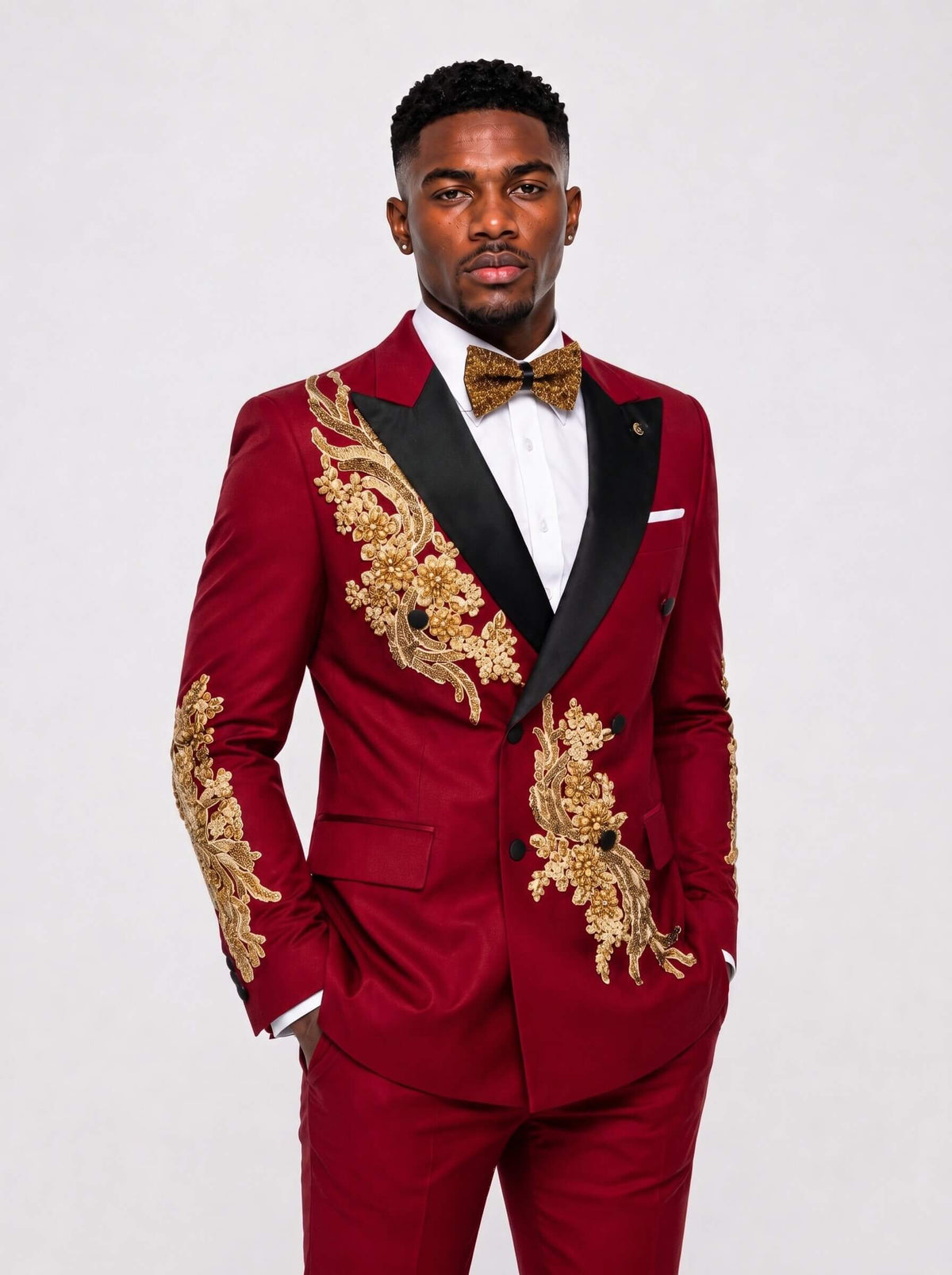 Men’s Gold Rhinestone Floral Double-Breasted 2-Piece Prom Suit