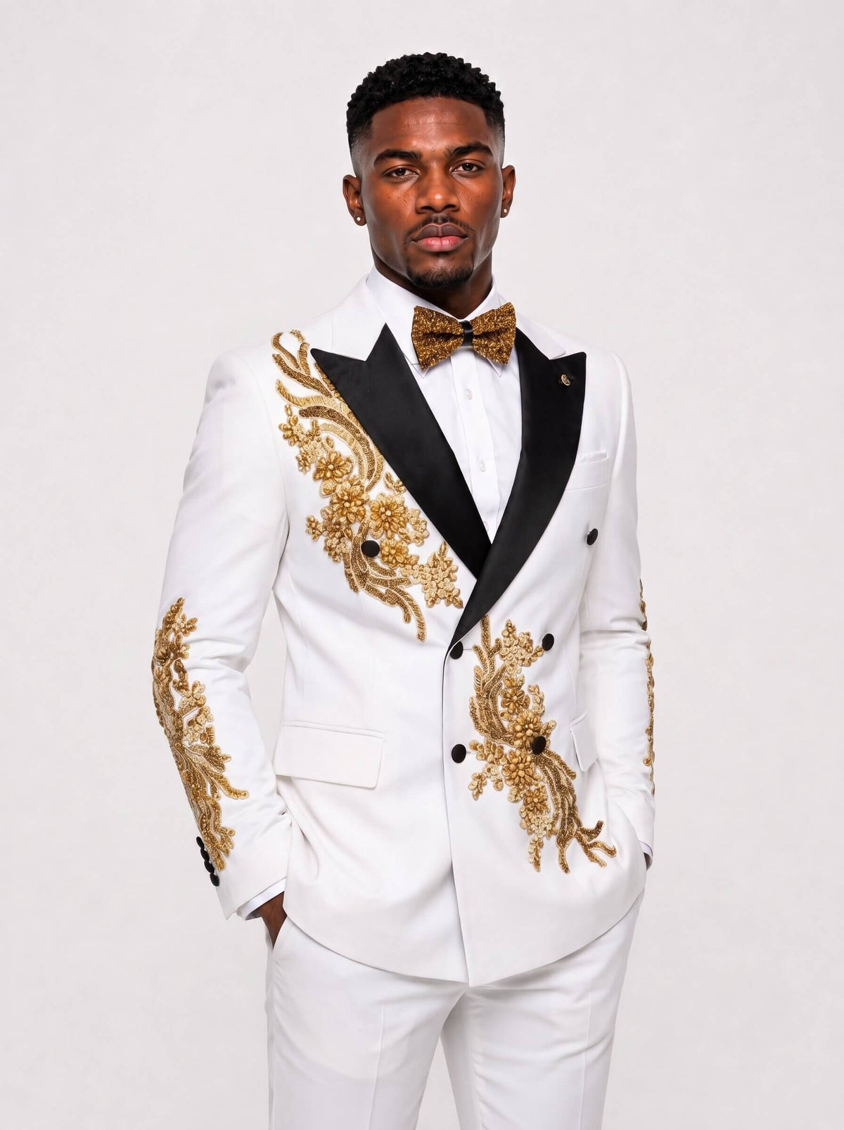 Men’s Gold Rhinestone Floral Double-Breasted 2-Piece Prom Suit