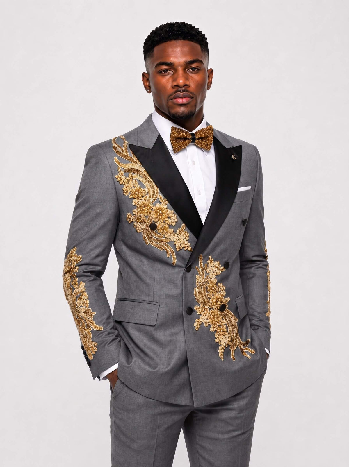 Men’s Gold Rhinestone Floral Double-Breasted 2-Piece Prom Suit