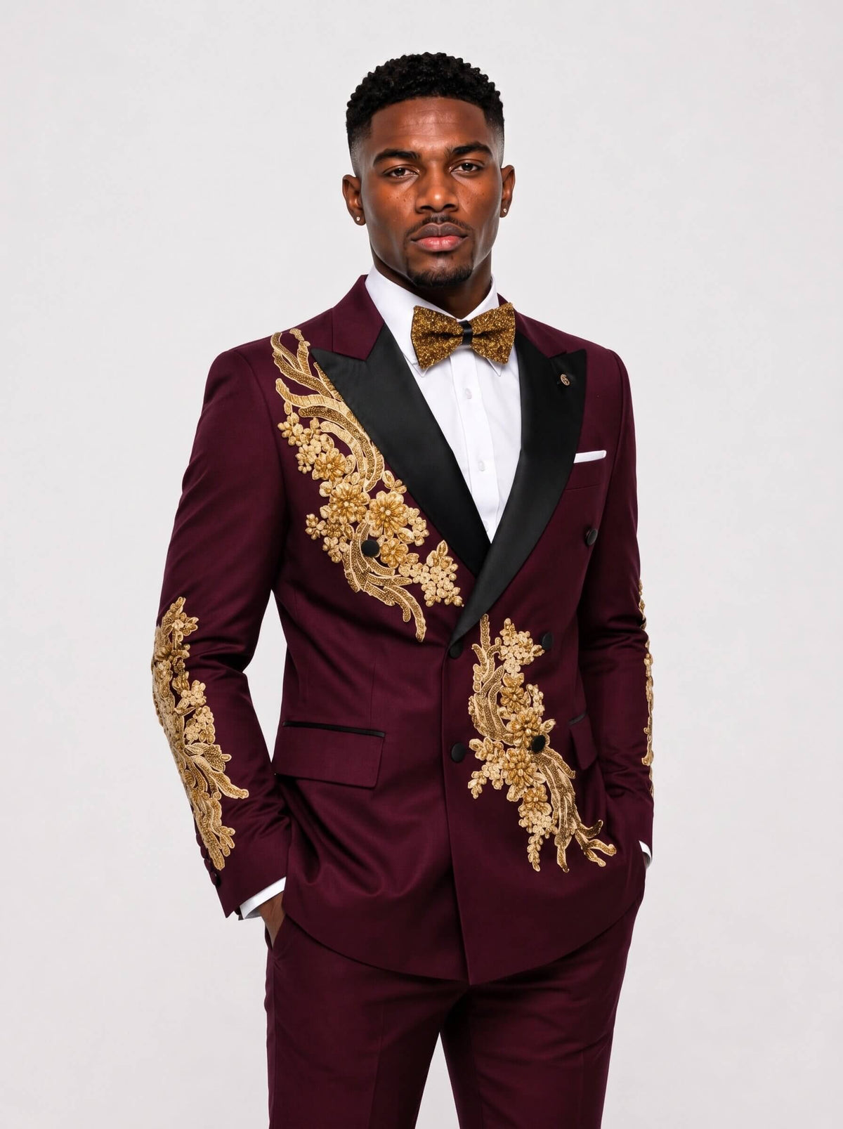 Men’s Gold Rhinestone Floral Double-Breasted 2-Piece Prom Suit