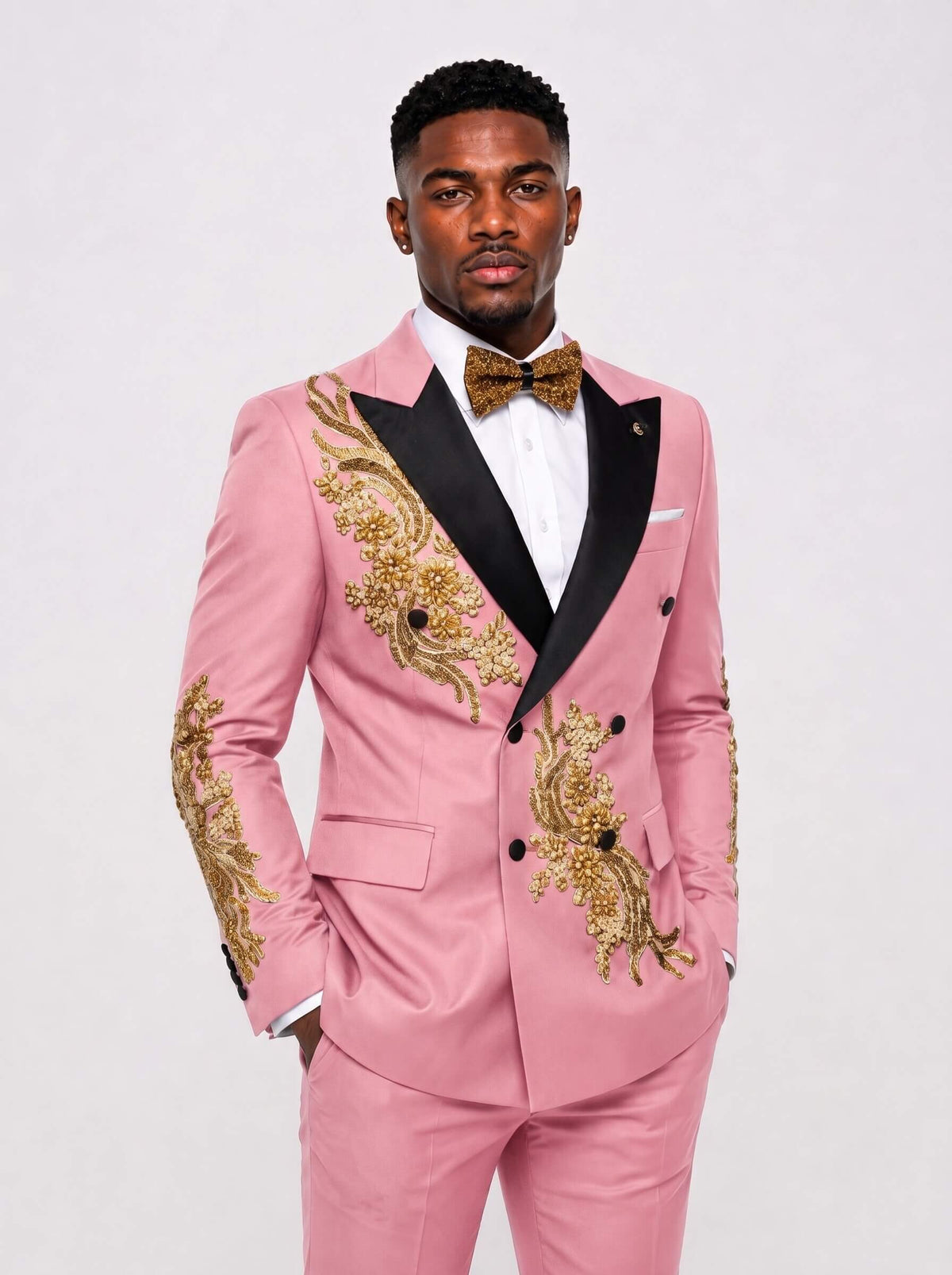 Men’s Gold Rhinestone Floral Double-Breasted 2-Piece Prom Suit