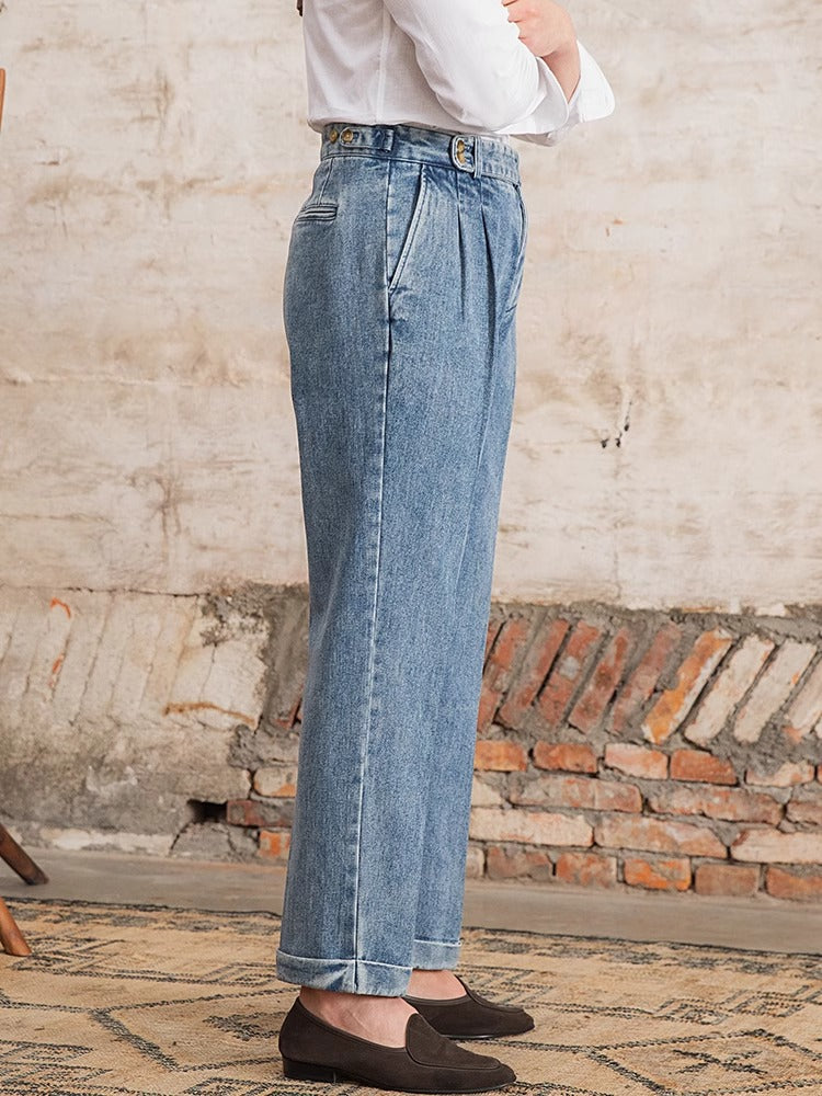 Men’s High-Waisted Denim Gurkha Trousers – Vintage Pleated Straight-Leg Pants