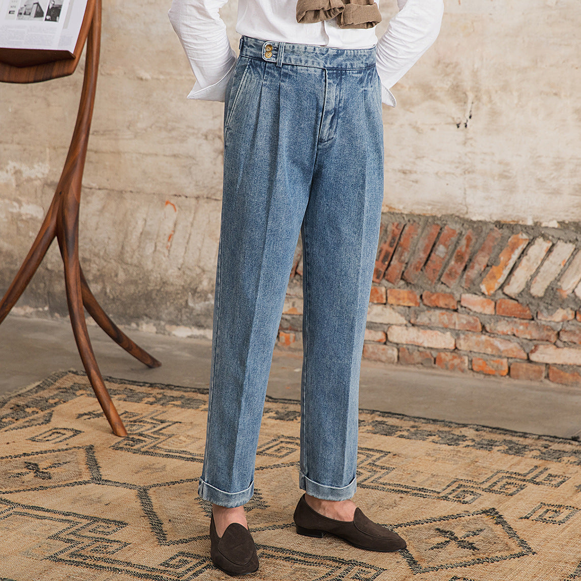Men’s High-Waisted Denim Gurkha Trousers – Vintage Pleated Straight-Leg Pants